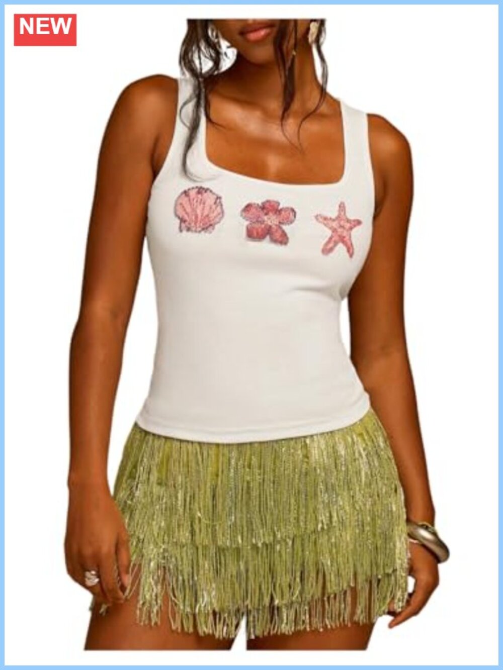 Y2K Seashell Beaded Tank Top Sleeveless Square Neck Summer Beach Top